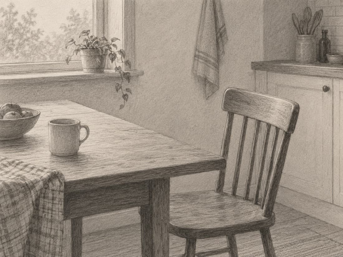 Ein Küchentisch mit einer Tasse und einem leeren Stuhl