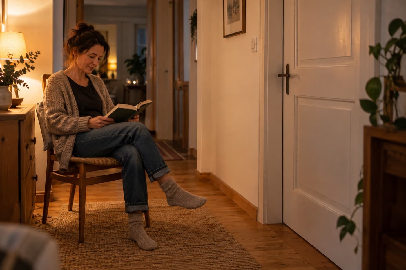 Eine Frau sitzt abends mit einem Buch auf einem Stuhl im Flur, neben einer geschlossenen Tür