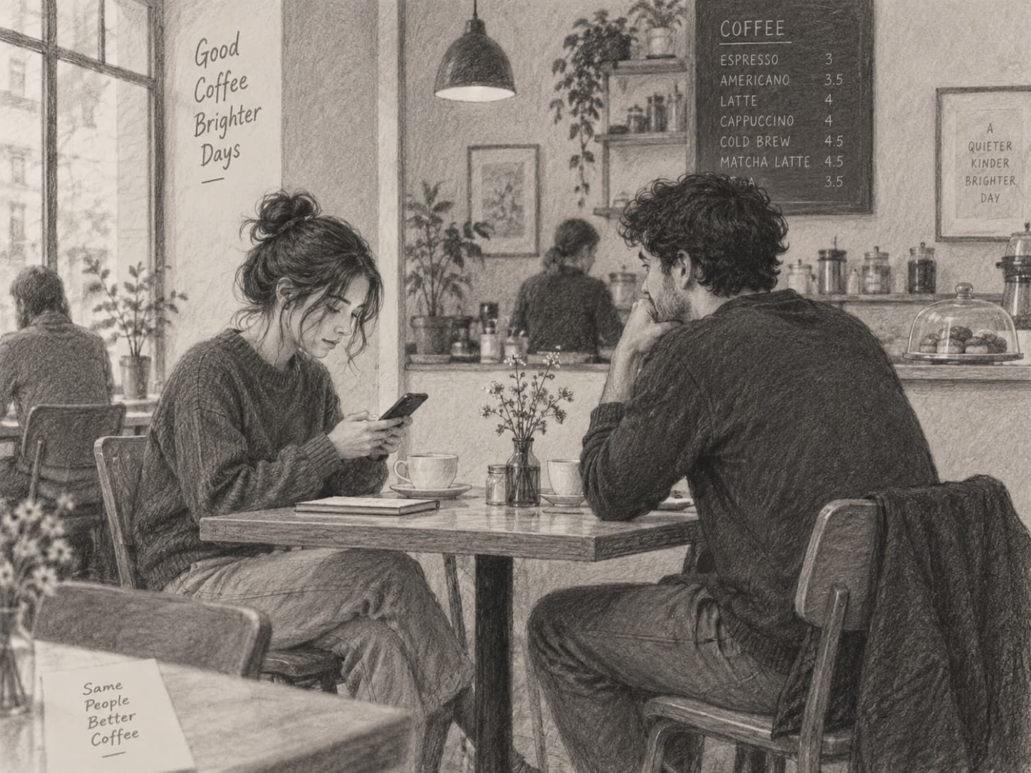 Ein Paar sitzt sich in einem Café gegenüber, die Frau schaut auf ihr Handy