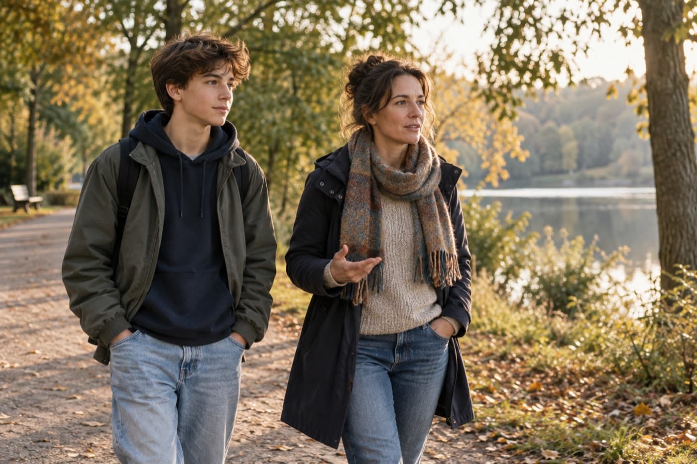 Eine Mutter und ihr jugendlicher Sohn gehen im Herbst nebeneinander an einem See spazieren und sprechen miteinander