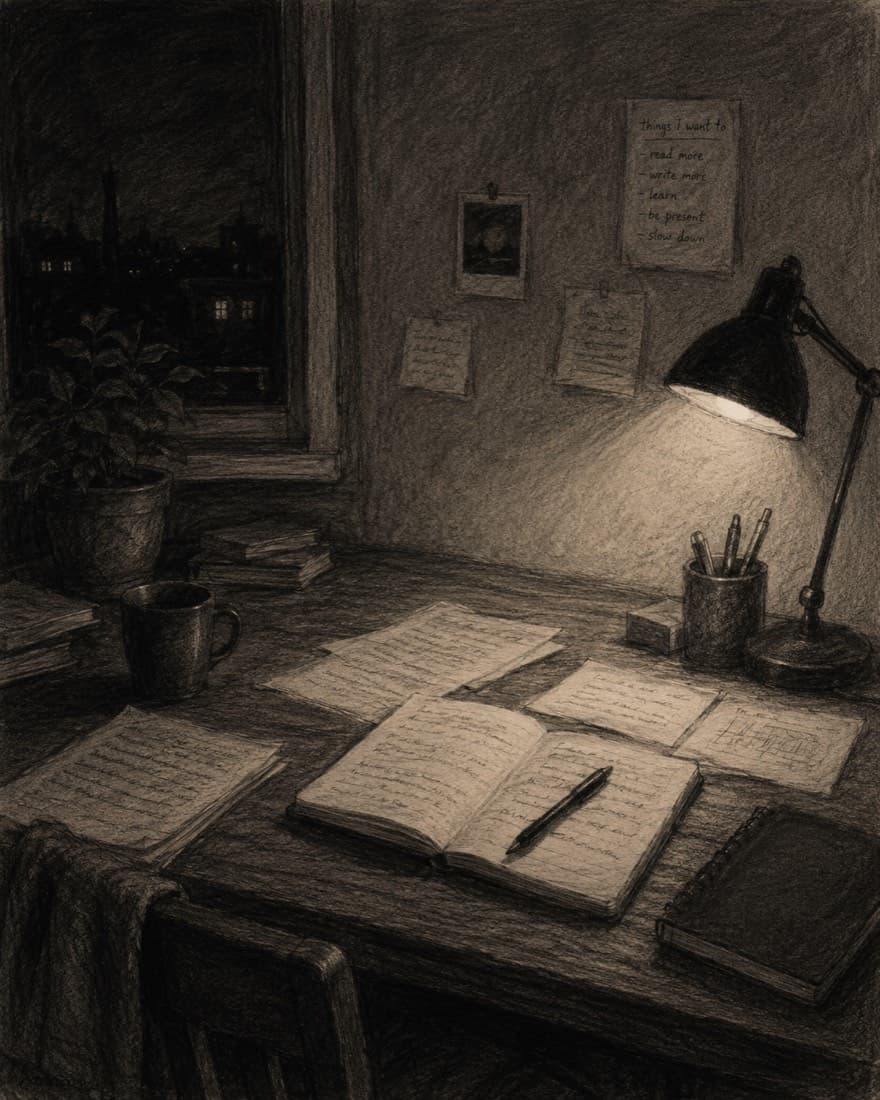 Ein aufgeschlagenes Notizbuch auf einem Schreibtisch, beleuchtet von einer Lampe am späten Abend